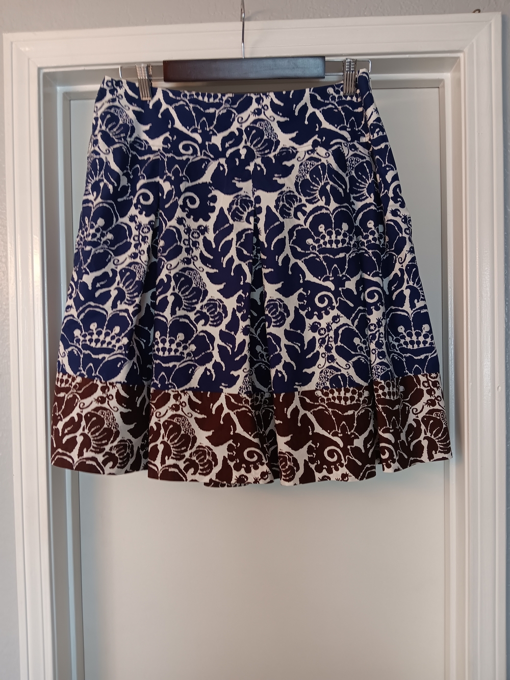Trina Turk Navy and Brown Floral Skater Skirt